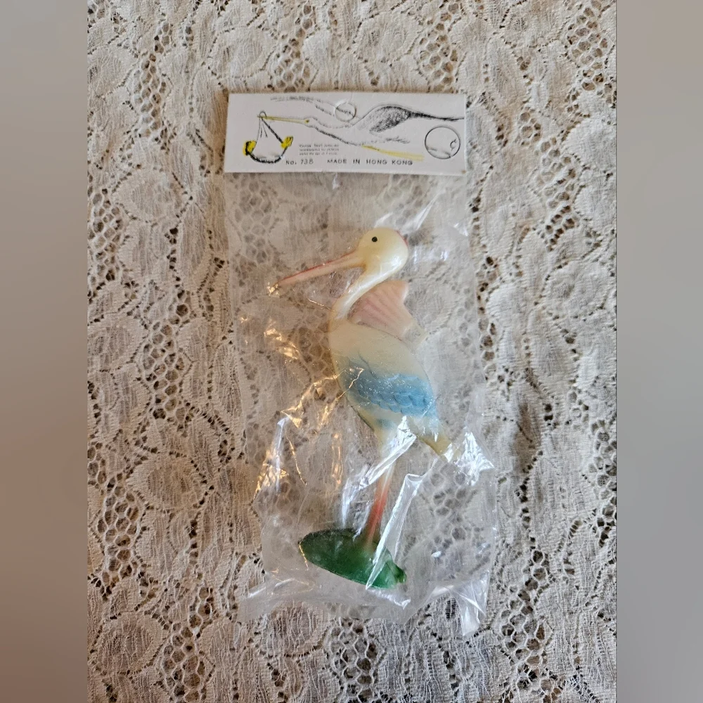 Vintage Hard Plastic Stork Cake Topper Craft Supply or Decoration Hong Kong Made